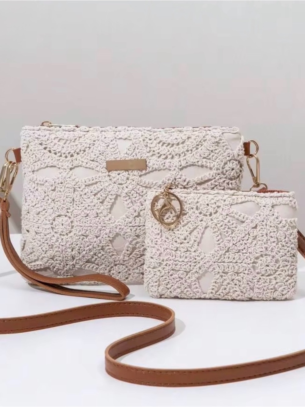 Crochet Lace Crossbody Bag Set in Cream